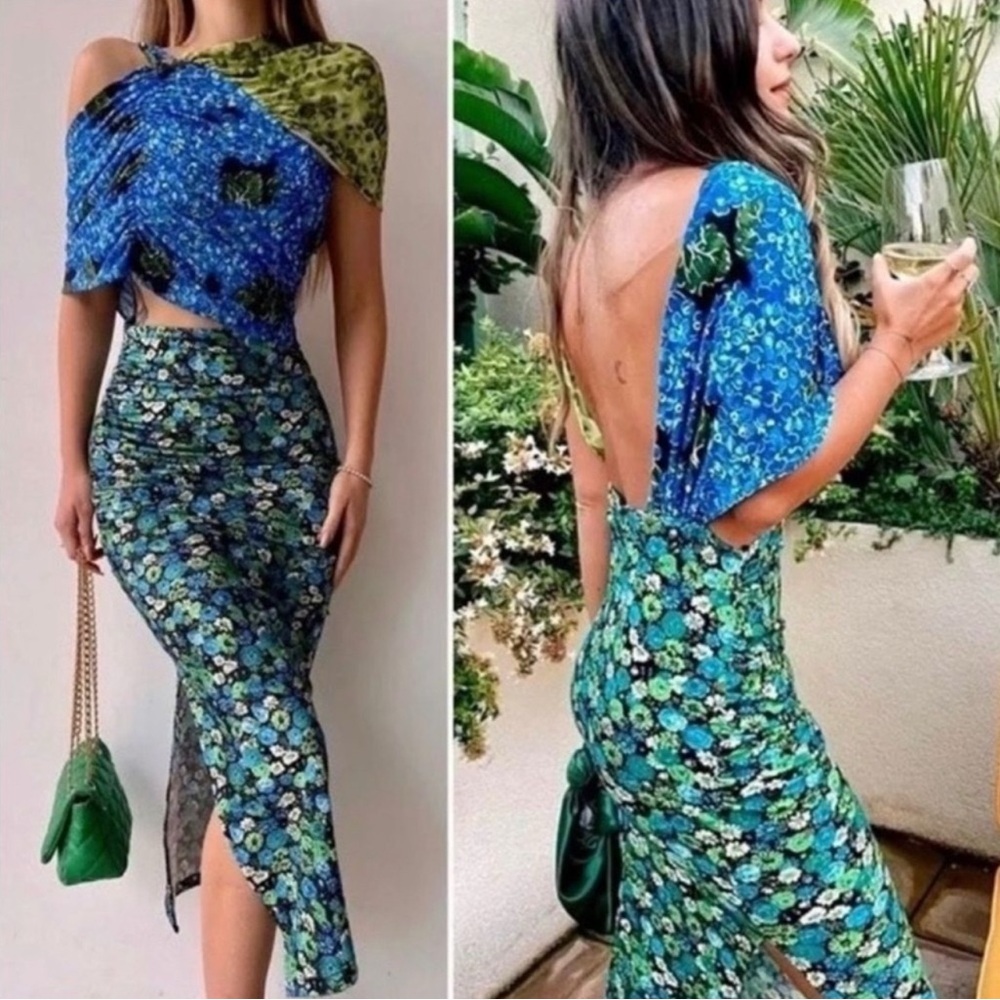 Zara Draped Floral Print Asymmetrical Cut Out Midi Dress
